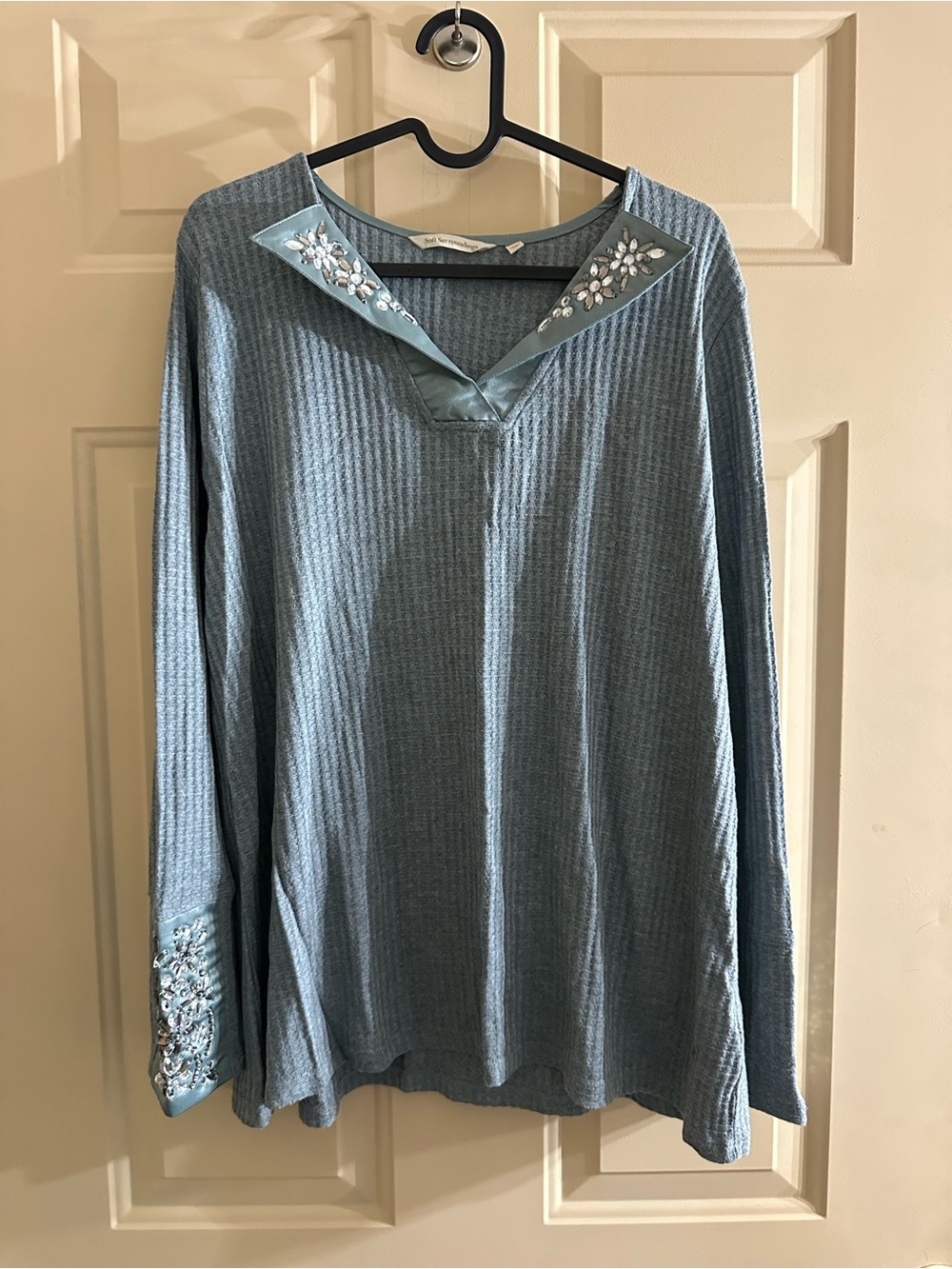 Soft Surroundings Dusty Blue Embellished V-Neck Long Sleeve Top